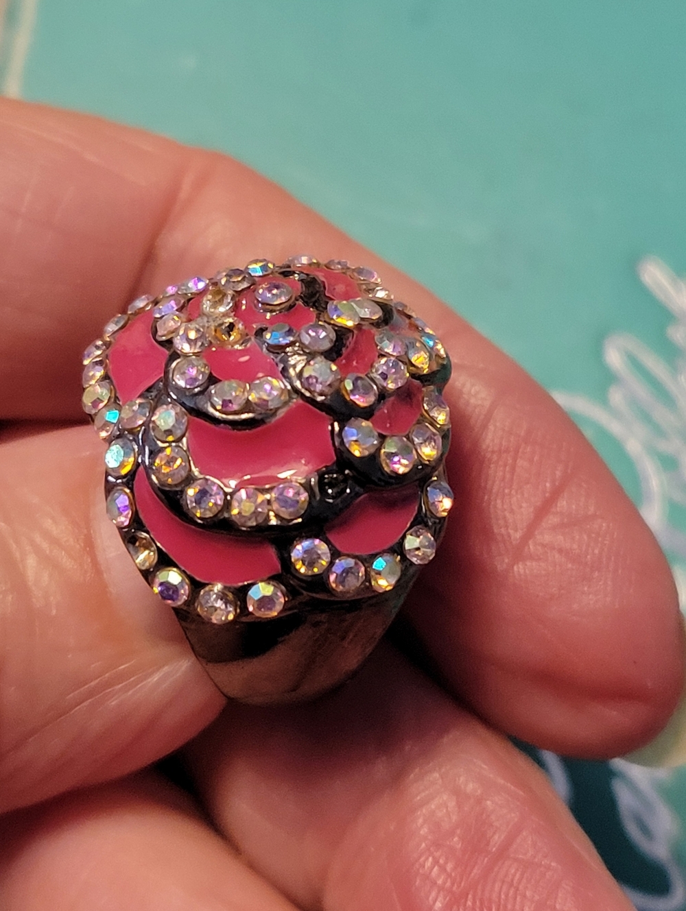 Pink Crystal Flower Statement Ring - Women Jewelry Size 6.5